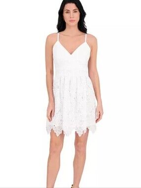 Siena Women's White Embroidered Lace V-Neck Spaghetti Strap Dress Sz 8